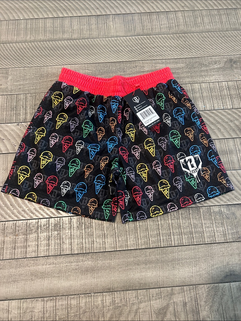 Kids Black Ice Cream Print Swim Shorts with Bright Red Waistband